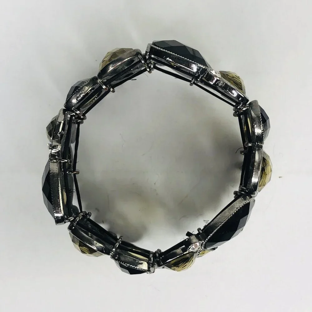 Lia Sophia Y2K Stretch Cuff Bracelet Crystals Cabochons Black Honey Gold Stones